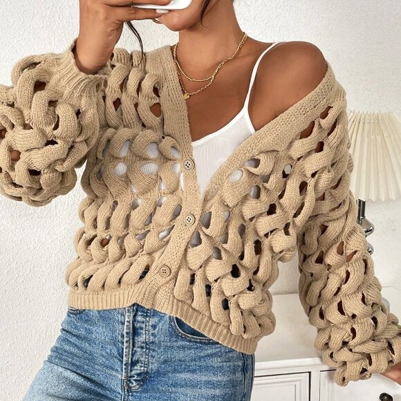 Khaki Casual Women's Long Sleeve Cable Knit Hollow-Out Cardigan - Picture 7 of 7